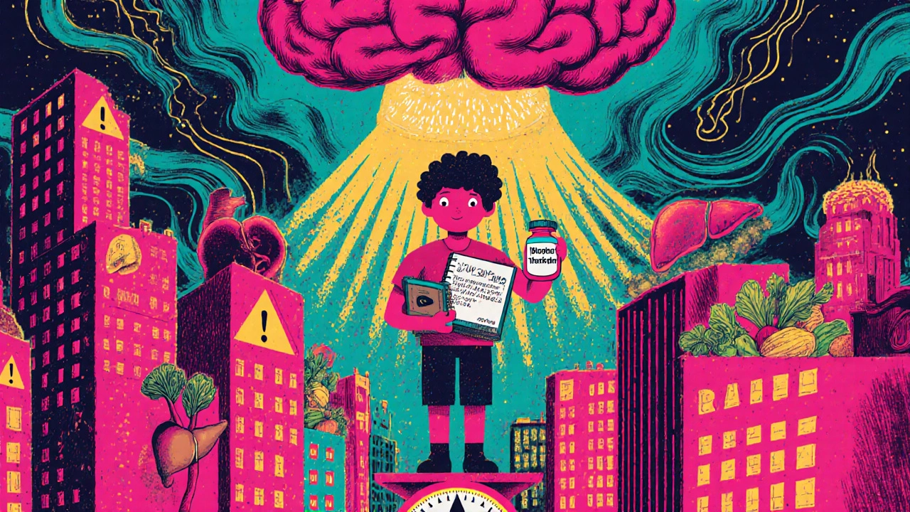 A person on a floating scale above glowing organs, holding a food journal and metformin bottle, with brain rays transforming junk food into veggies.