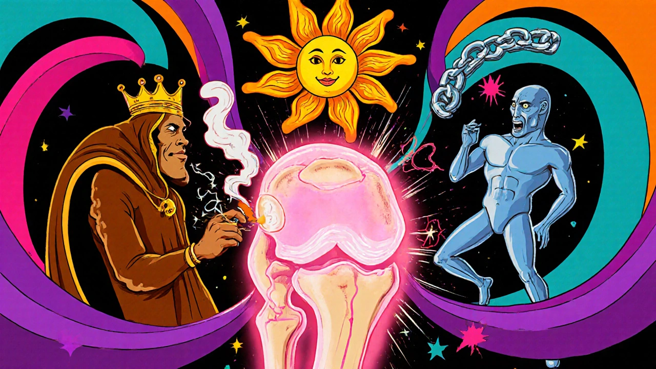 Anthropomorphic Boswellia, turmeric, and MSM characters swirling around a glowing knee joint.