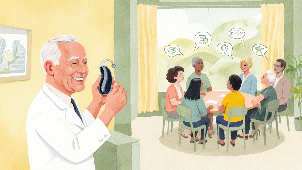 Audiologist fitting hearing aid while patients share support in a clinic.
