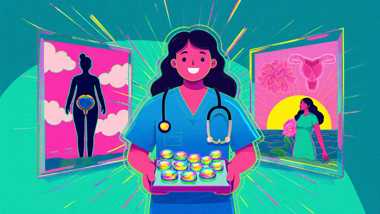 Cartoon doctor with glowing tablets beside scenes of medical abortion, cervical ripening, and labor induction.