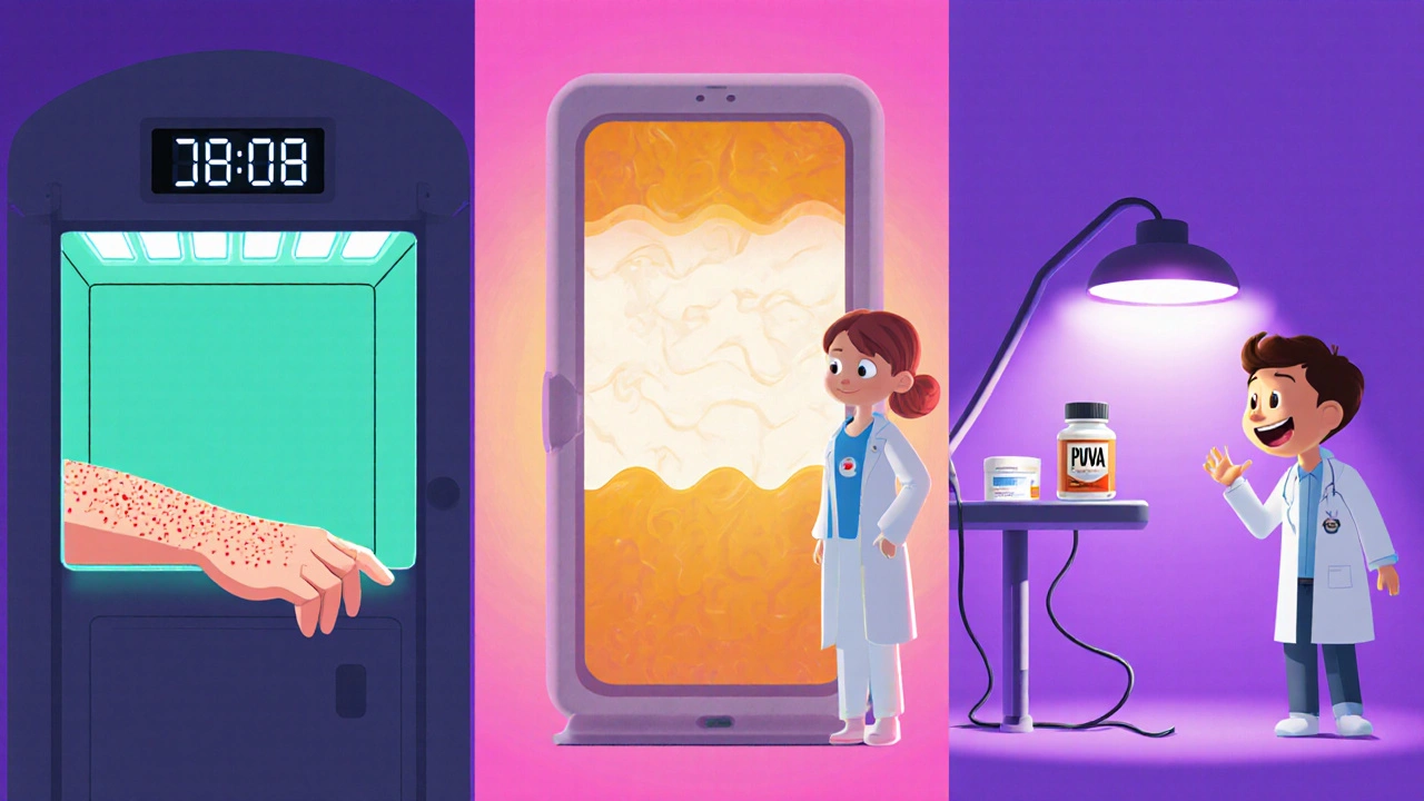 Cartoon split scene of narrowband UVB booth, broadband UVB panel, and PUVA lamp with a dermatologist guiding a patient.