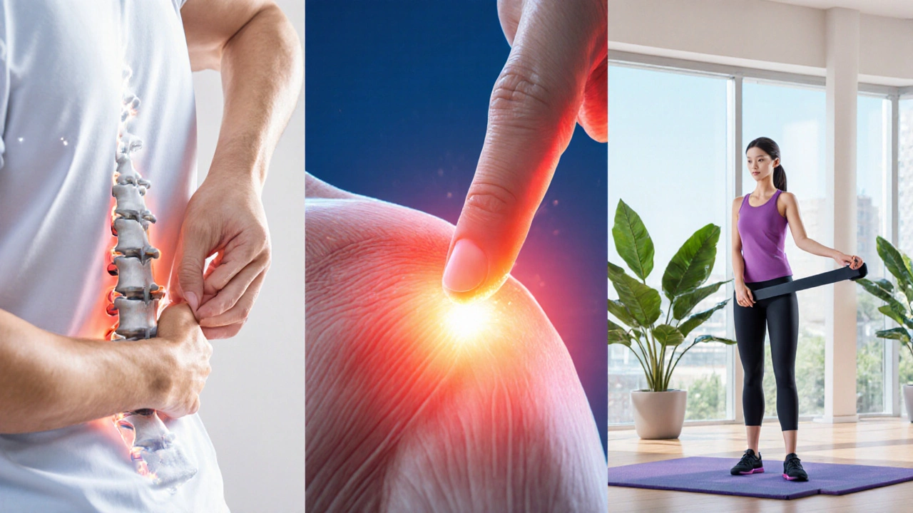 Chiropractor performing spinal adjustment and trigger‑point therapy while patient does rehab exercises.