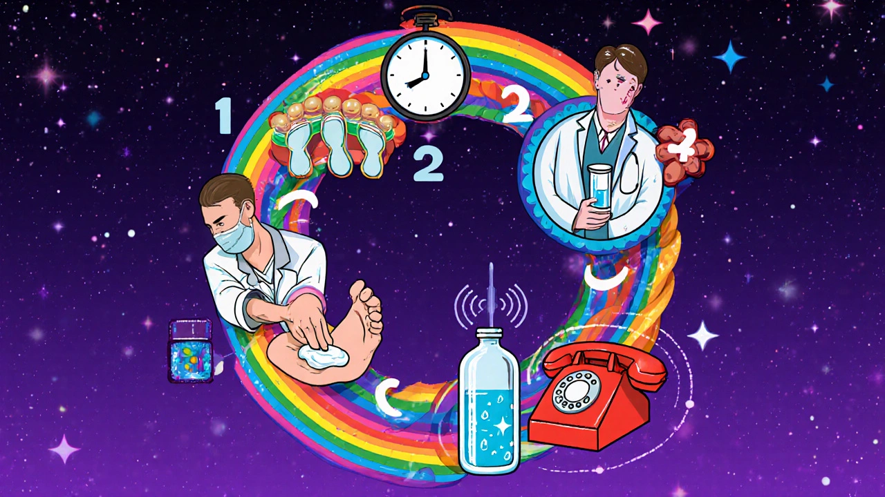 Circular checklist visualizing capecitabine self‑care steps with lab testing, medication, skin care, hydration, and alerts.