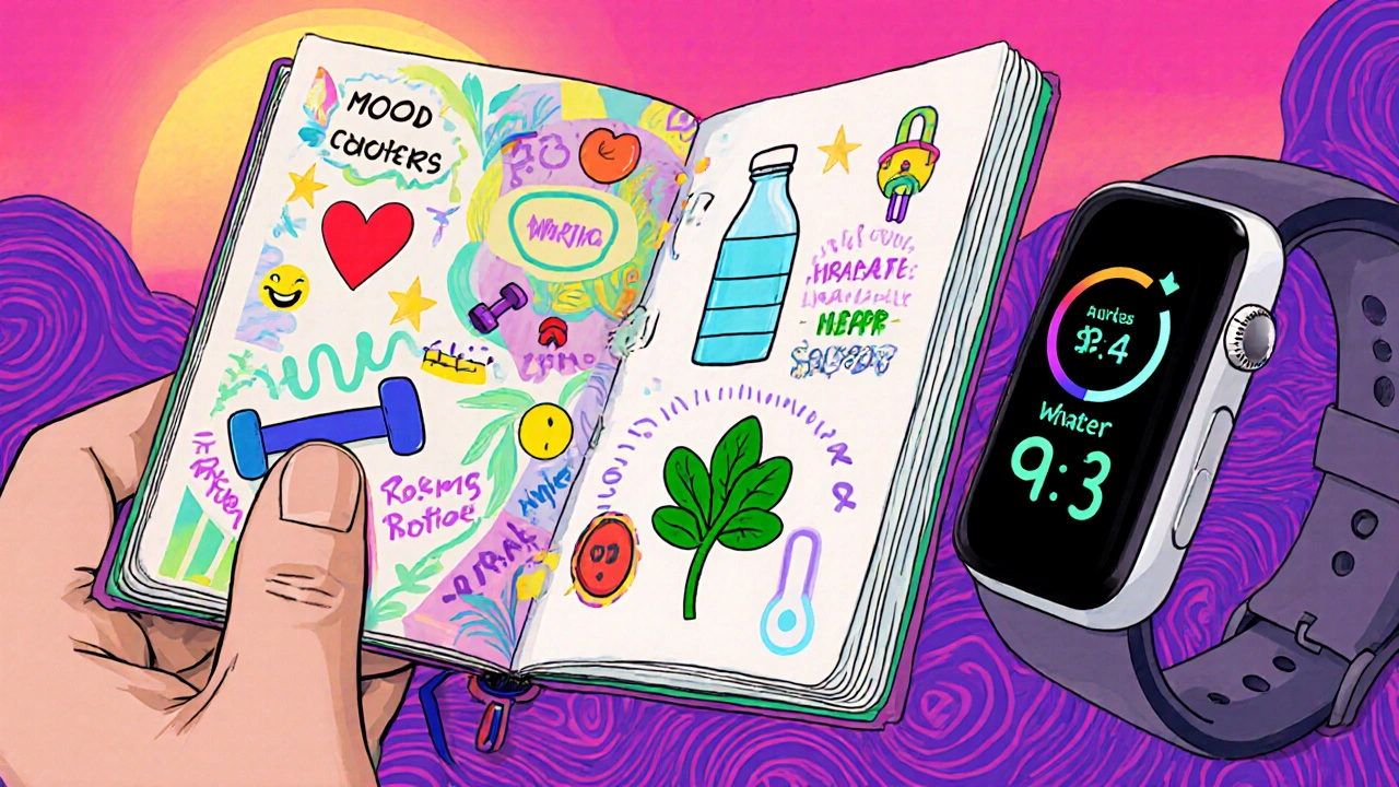 Collage of journal, wearable device, exercise and nutrition symbols.