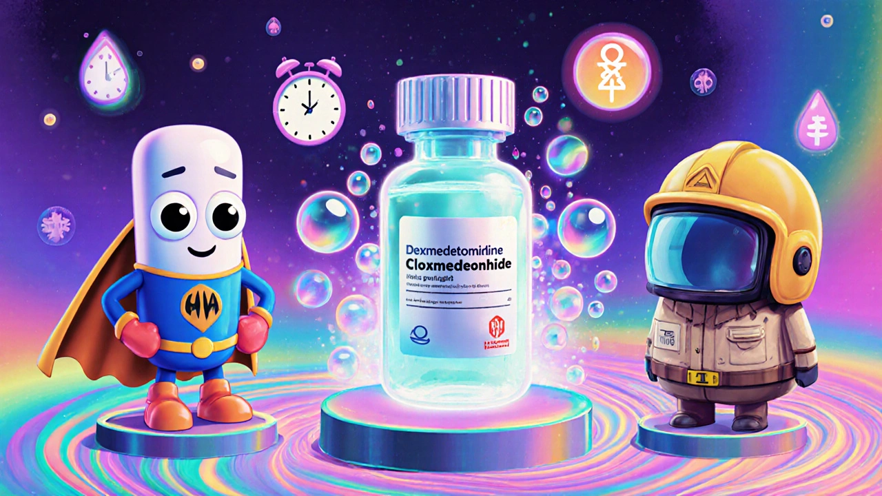 Colorful cartoon mascots of guanfacine tablet, dexmedetomidine IV, clonidine patch, and methyldopa bottle in a psychedelic layout.