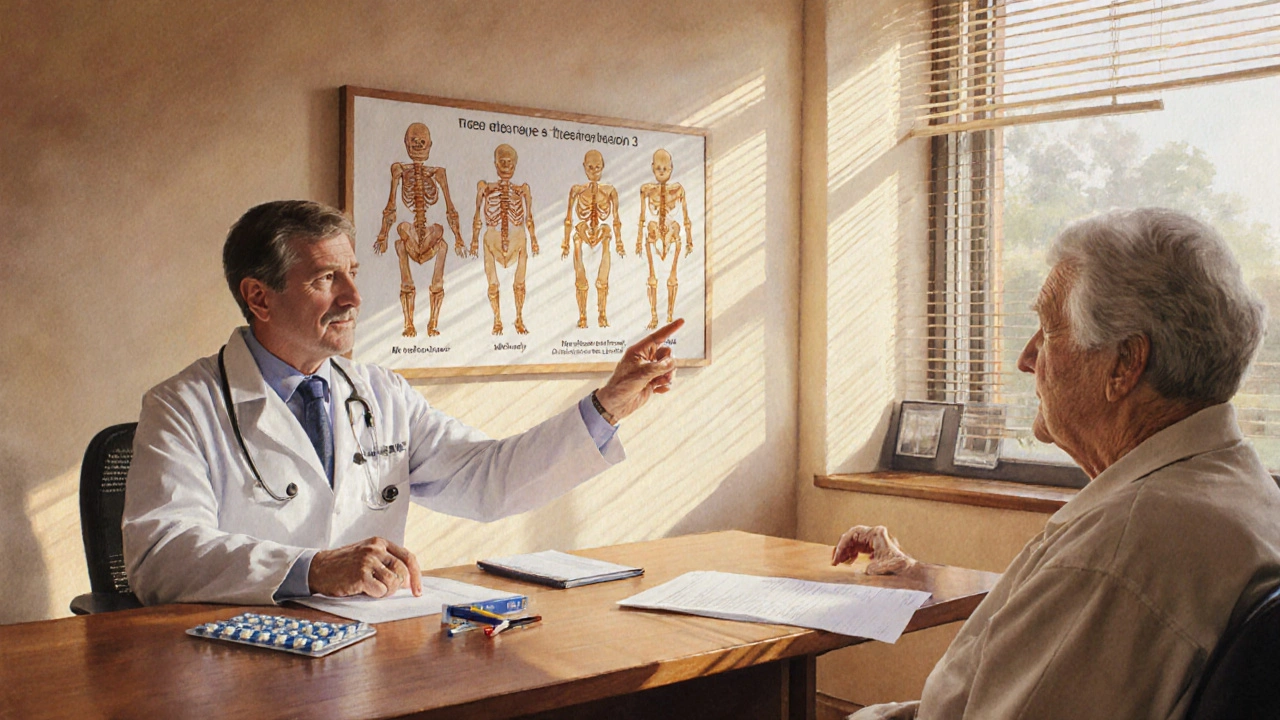 Doctor and elderly patient discussing bone treatments, surrounded by medication examples and bone health illustration.