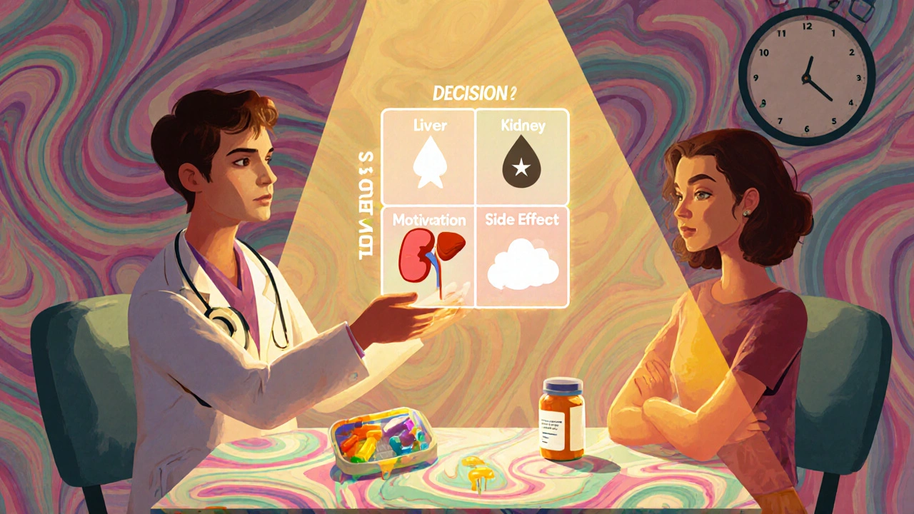 Doctor and patient discussing treatment with floating icons and psychedelic decor.