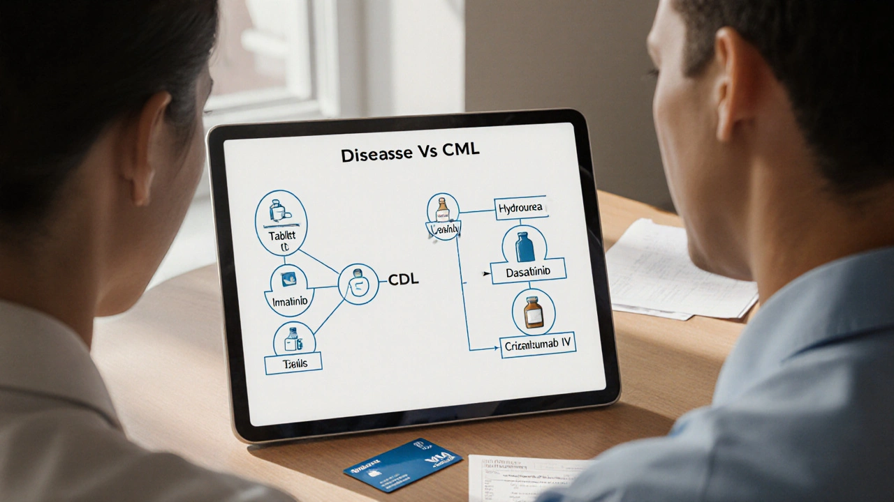 Doctor and patient reviewing a treatment decision tree with drug icons and cost notes.
