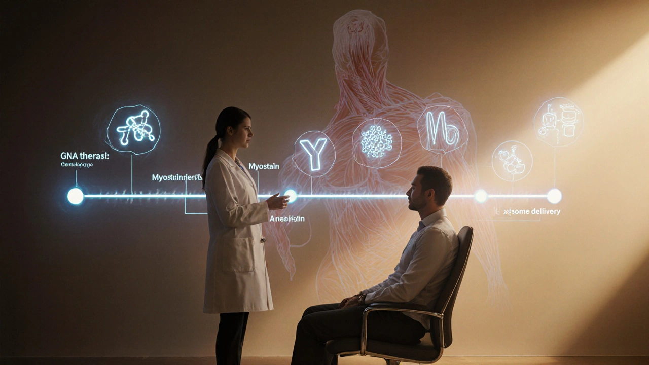 Doctor and patient viewing a holographic timeline of future muscle treatments.