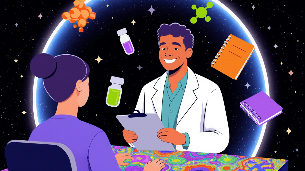 Doctor consulting patient with floating icons of labs, hormones, and diary.
