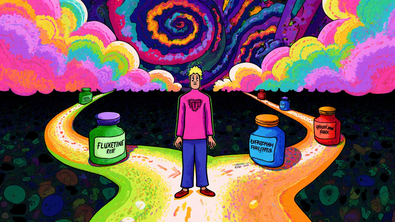 Figure at a colorful crossroads, each path leading to a different antidepressant bottle.