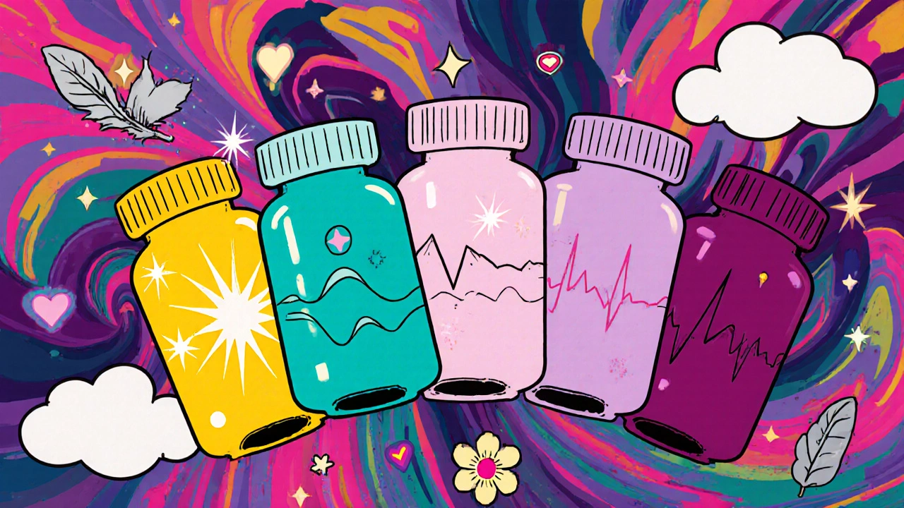 Five colorful pill bottles with symbolic icons for side effects, arranged like a psychedelic carousel.
