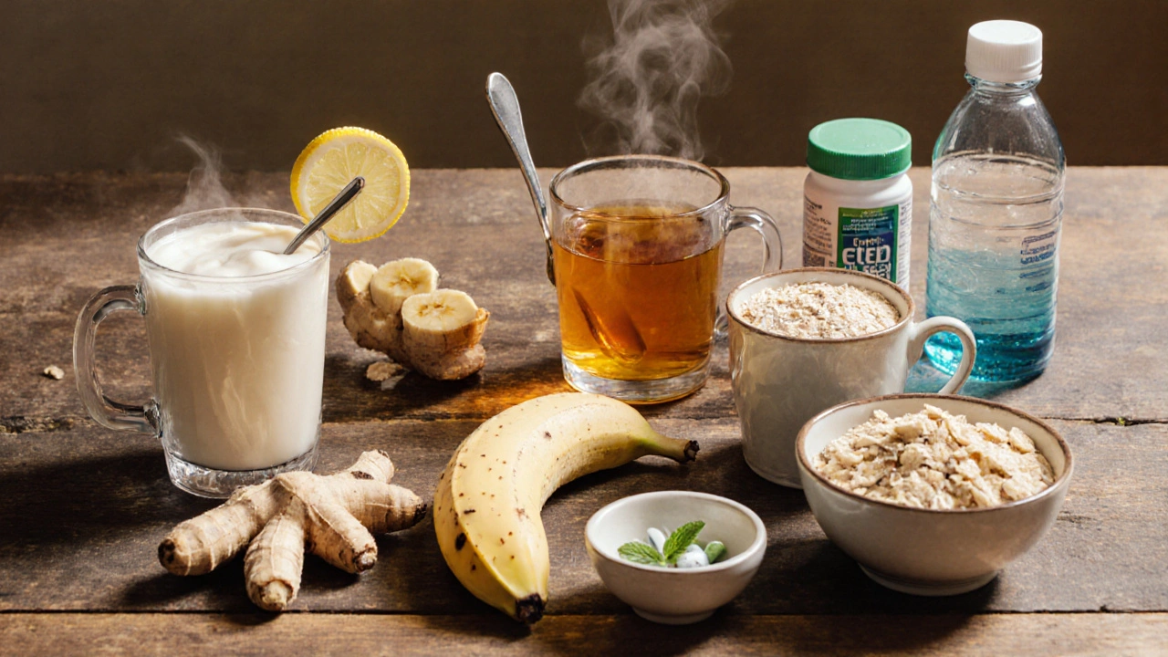 Flat‑lay of yogurt, vinegar drink, chamomile tea, ginger, banana, oatmeal, bone broth, psyllium, peppermint oil, and electrolyte bottle.