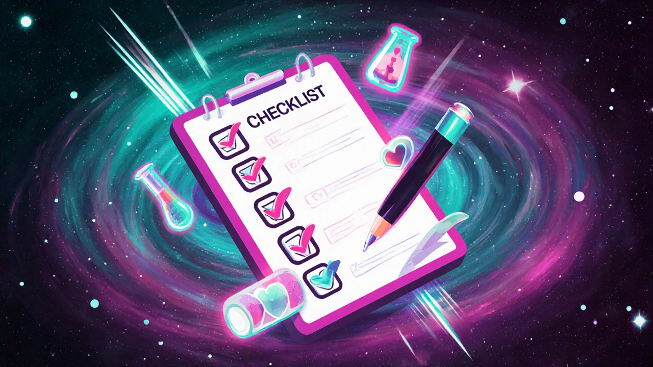 Floating psychedelic checklist with health symbols against a cosmic background.
