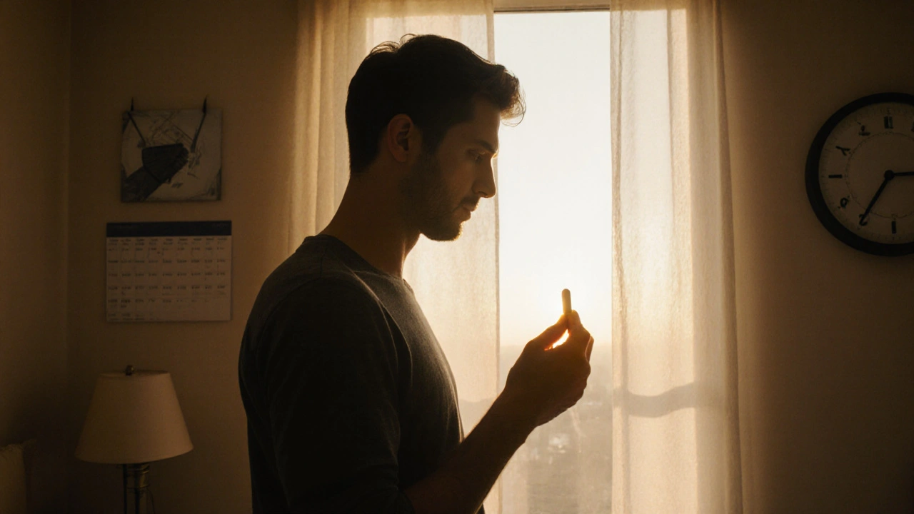 Man by sunrise window holding a pill, symbolizing thoughtful selection.