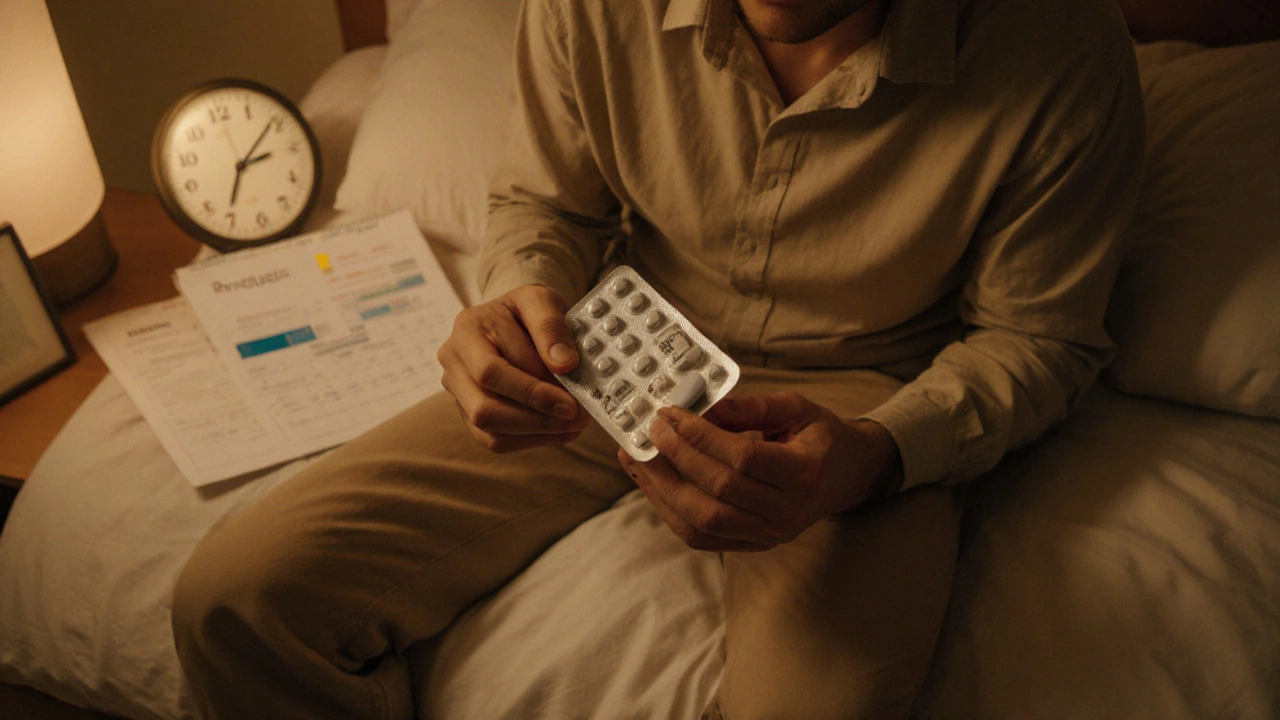 Man on bedside holding a Sildamax tablet, with subtle clock and calendar symbols indicating timing and flexibility.