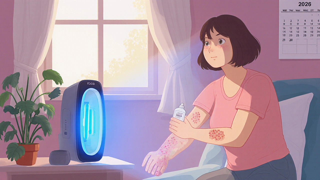 Patient at home using a compact UVB device, showing fading plaques and a smiling expression.