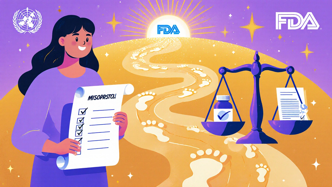 Patient holding checklist beside scales of justice and a road leading to icons of WHO and FDA approval.