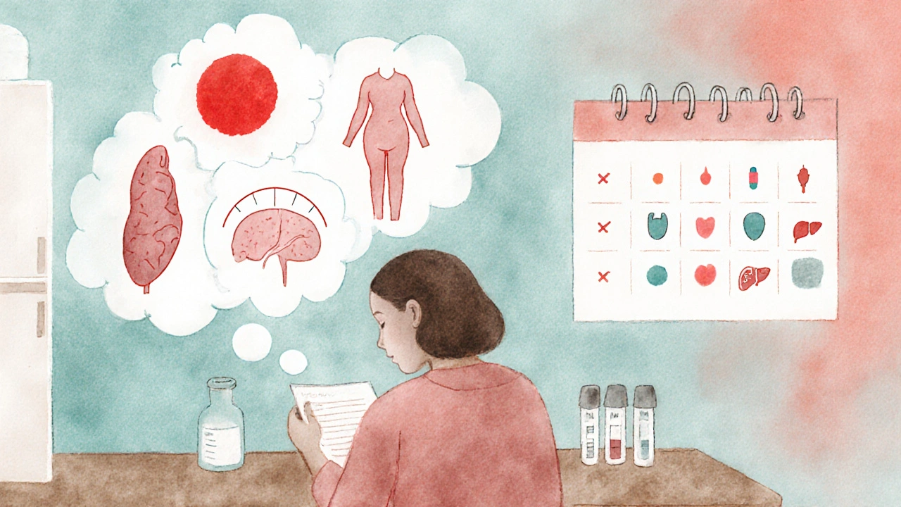 Person at a table considering side‑effects and lab checks for mood‑stabilizer choices.