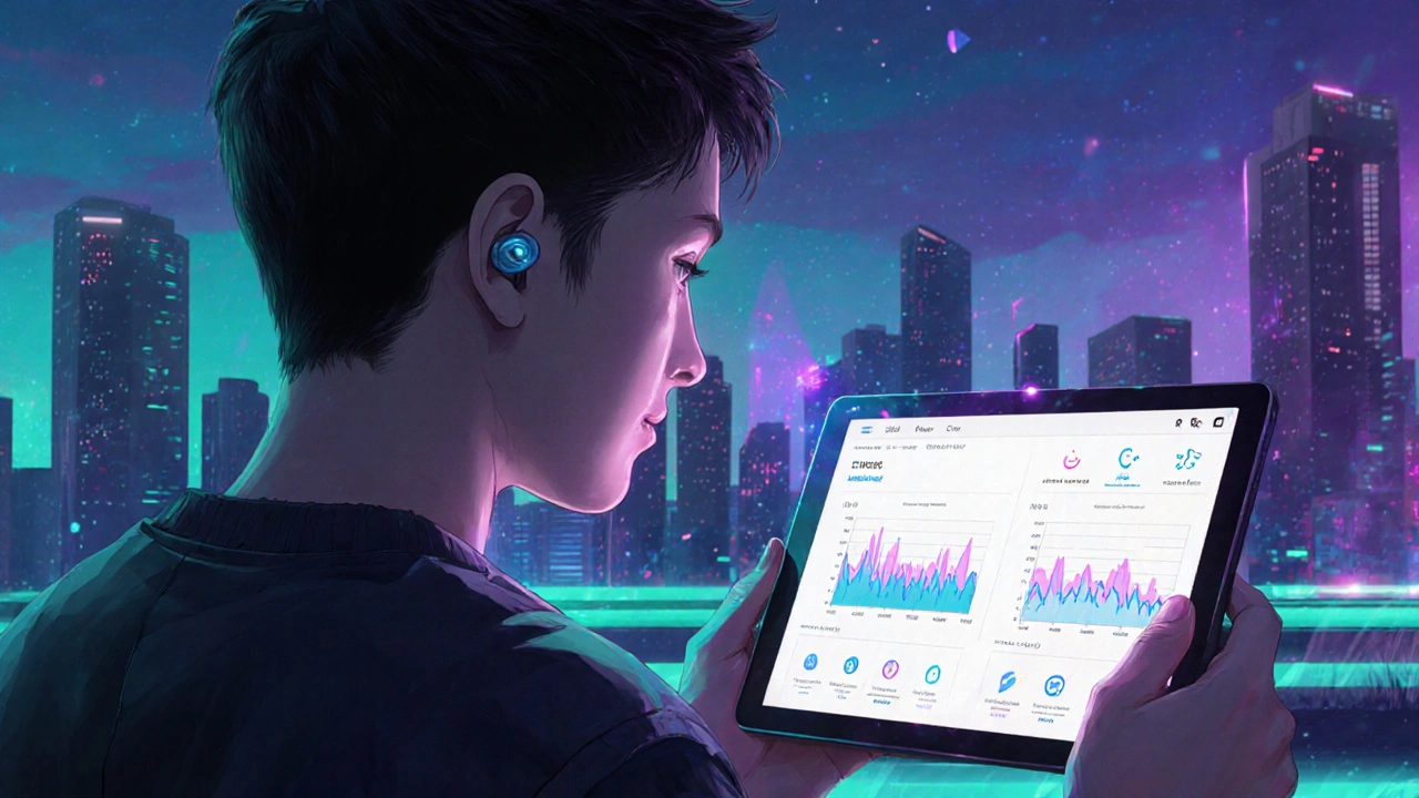 Person using hearing‑aid data and mood‑tracking app on a tablet.