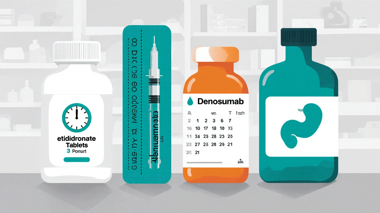 Pharmacy counter displaying Didronel tablets, alendronate pack, denosumab syringe, and ibandronate bottle with dosing icons.