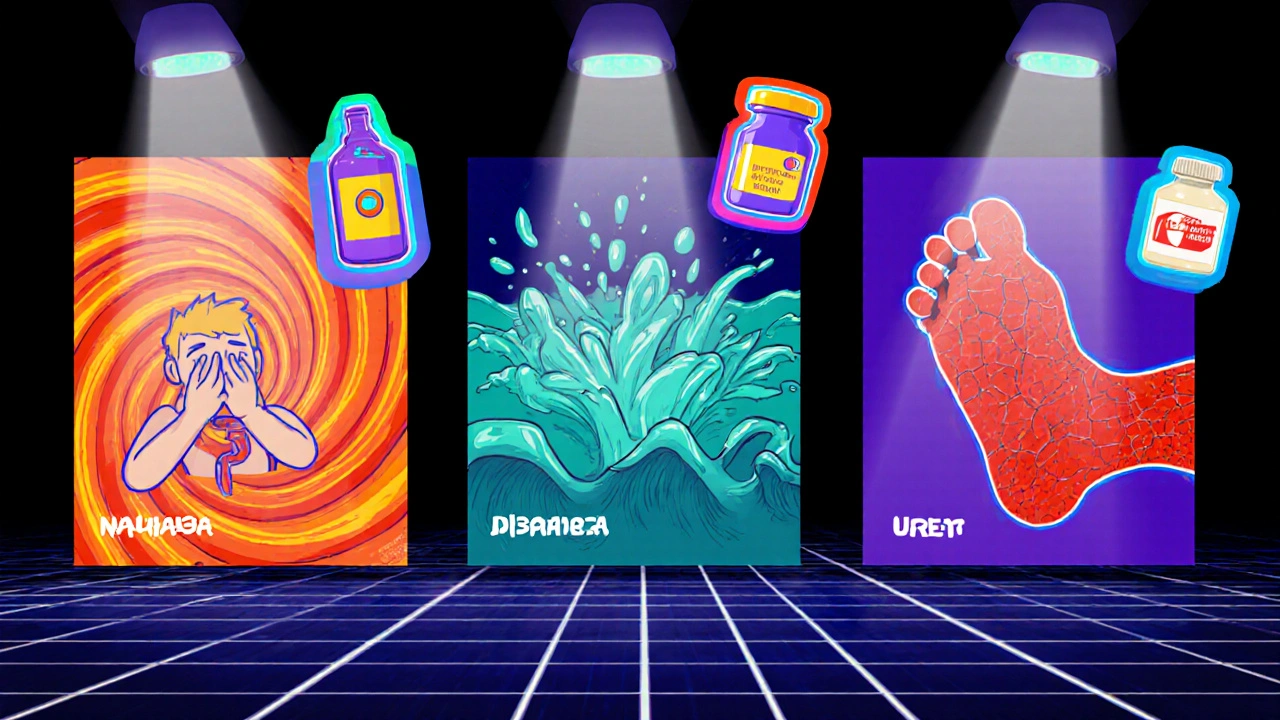 Poster showing nausea, diarrhea, and hand‑foot syndrome with icons for anti‑emetic, pyridoxine, and urea cream.