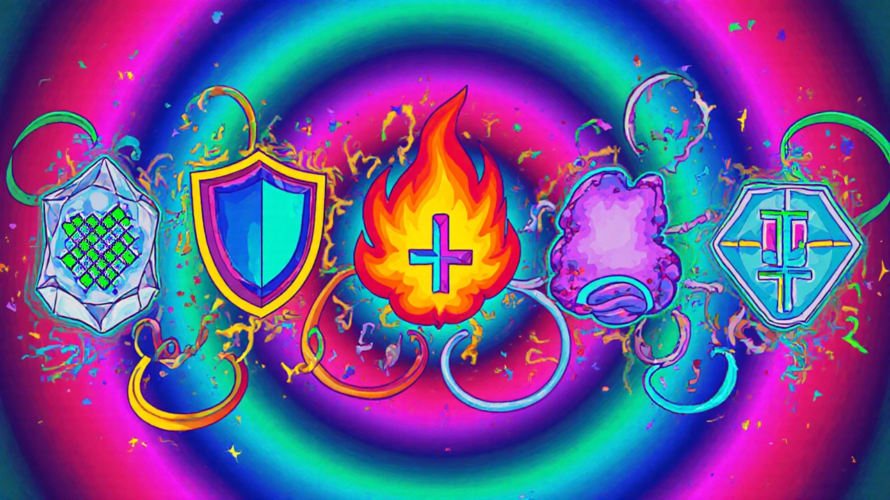 Row of five medication icons with colorful ribbons indicating their mechanisms.