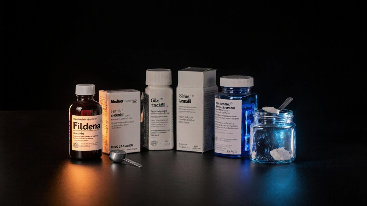 Six different ED medication bottles displayed on a black table with colored lighting.