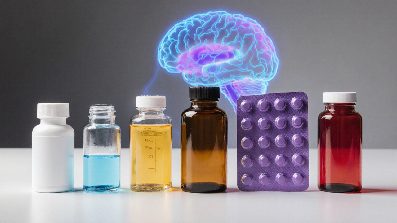 Six medication bottles for mood stabilizers displayed on a lab counter with a faint brain diagram.