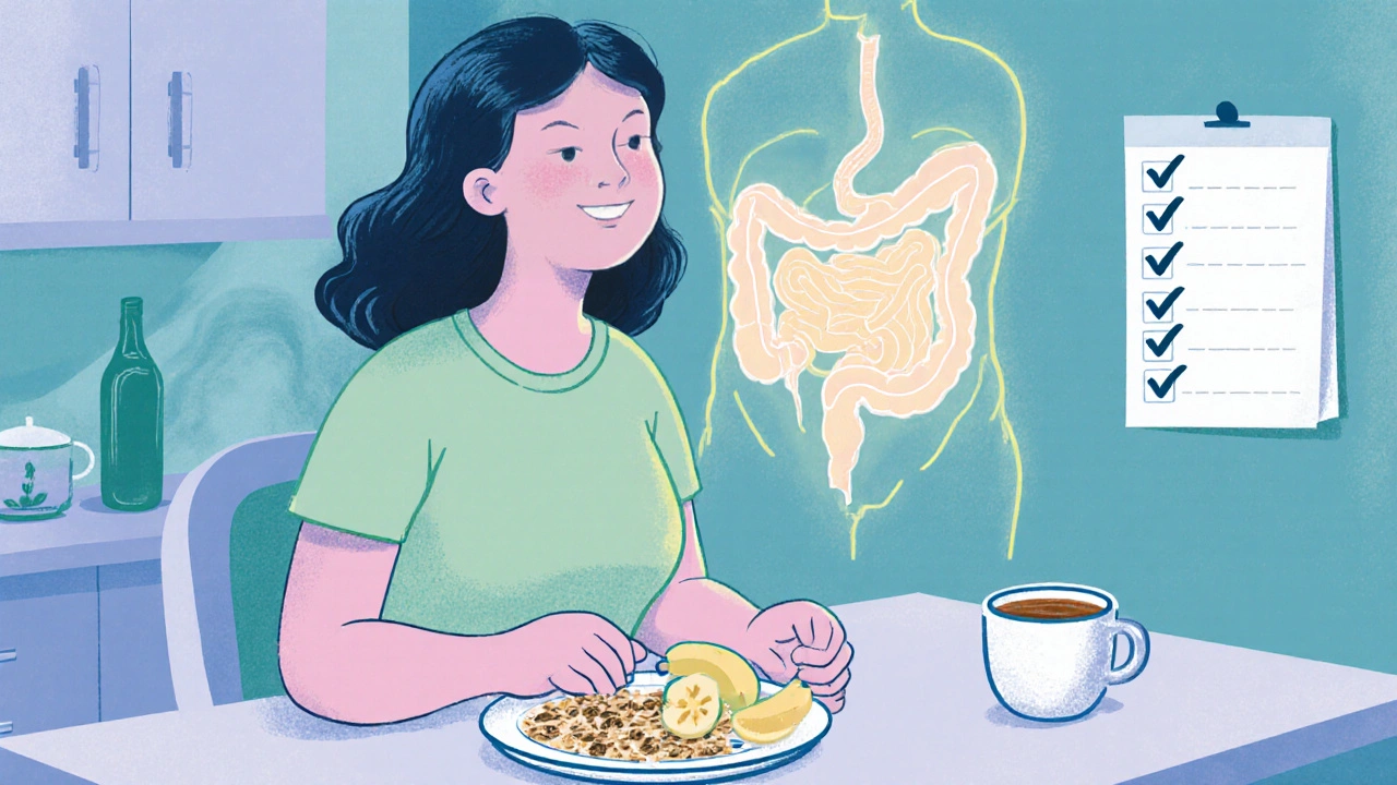 Smiling person at kitchen table with healthy foods, calm gut illustration behind.