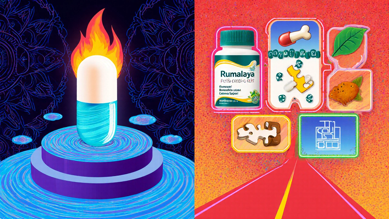 Split‑path psychedelic poster showing Rumalaya Forte capsule versus other joint supplements with benefit icons.