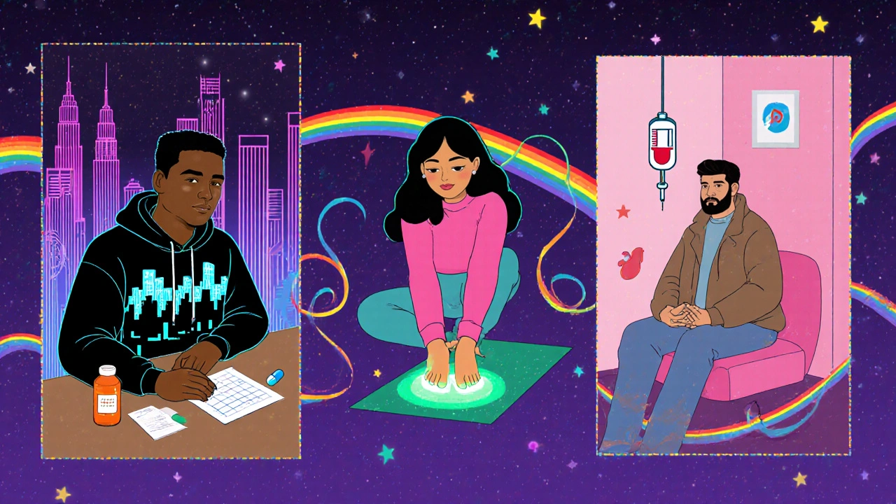 Three characters showing daily life on Didanosine: spreadsheet, foot exercises, hospital IV.