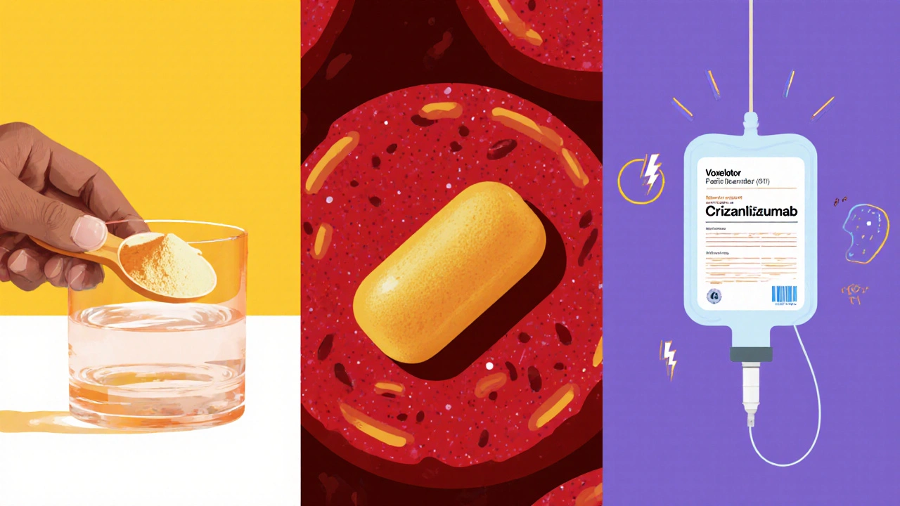 Three sickle‑cell treatments: L‑glutamine powder, Voxelotor tablet, Crizanlizumab IV.