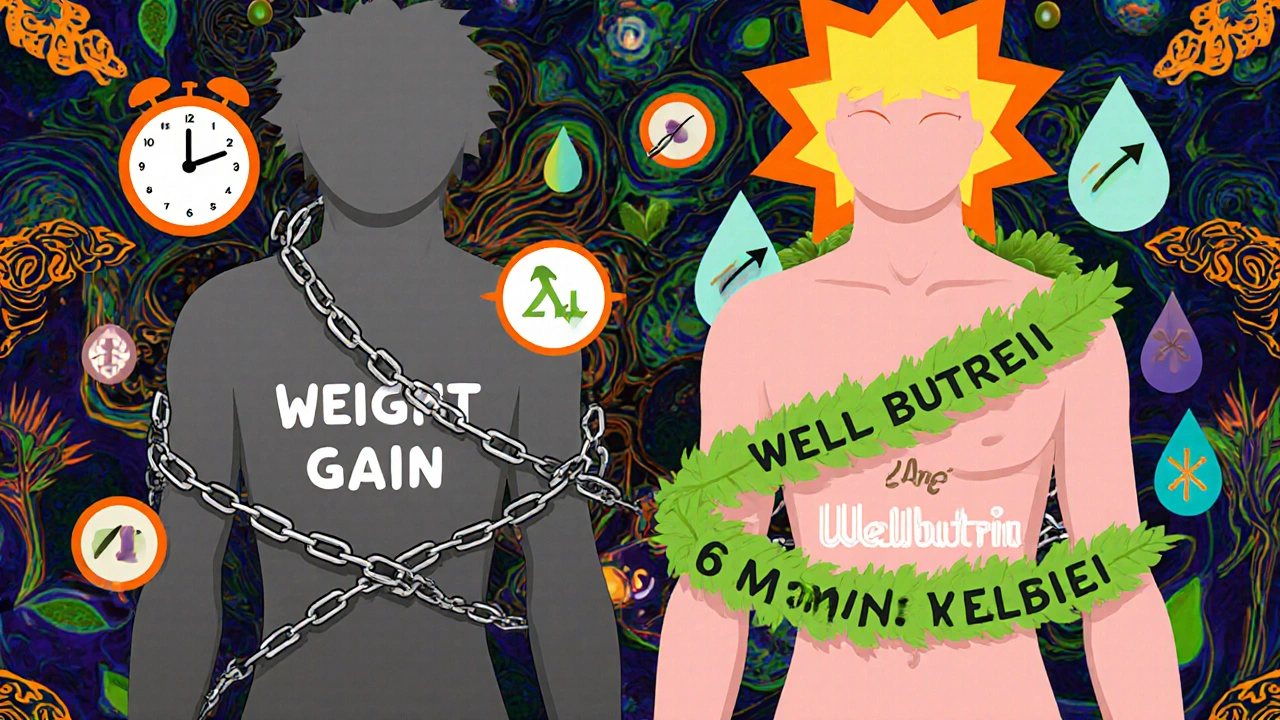 Two contrasting figures—one weighed down by weight gain, the other energized by Wellbutrin—against a biological fractal background.