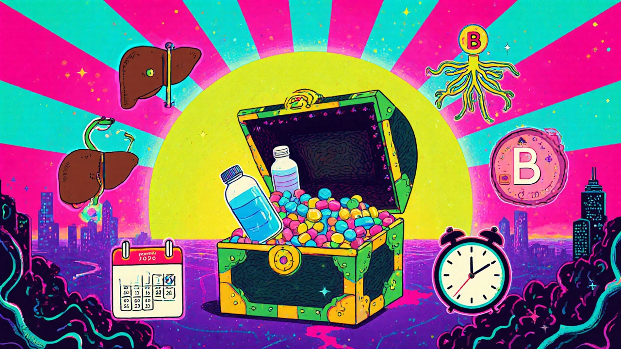 Vibrant checklist with pillbox, water, calendar, and health icons in psychedelic style.
