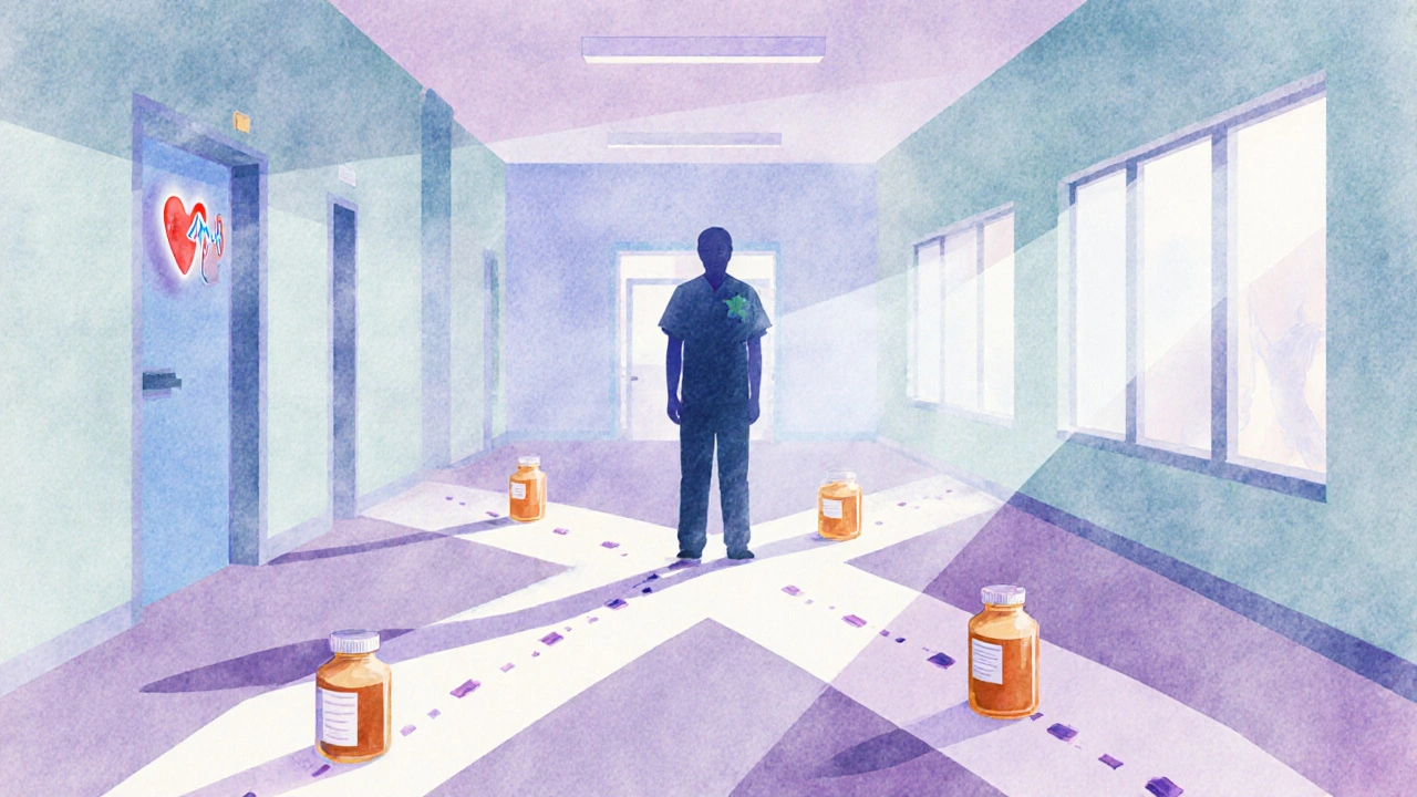 Watercolor scene of a patient at a crossroads choosing between medication paths.