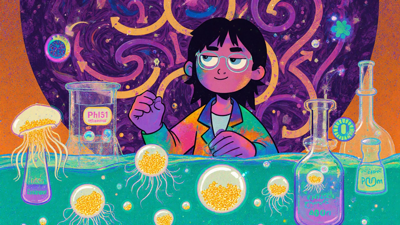Whimsical lab scene with liposome bubbles encapsulating glowing Calcipotriol droplets.