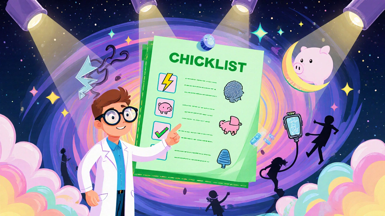 Whimsical psychedelic scene of a doctor selecting medication options using glowing checklist icons.