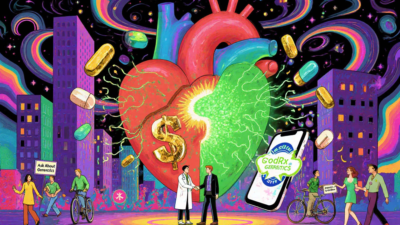 A giant heart made of pills, with generic ones glowing green and powering a healthy city, while a doctor and patient connect over a floating app.