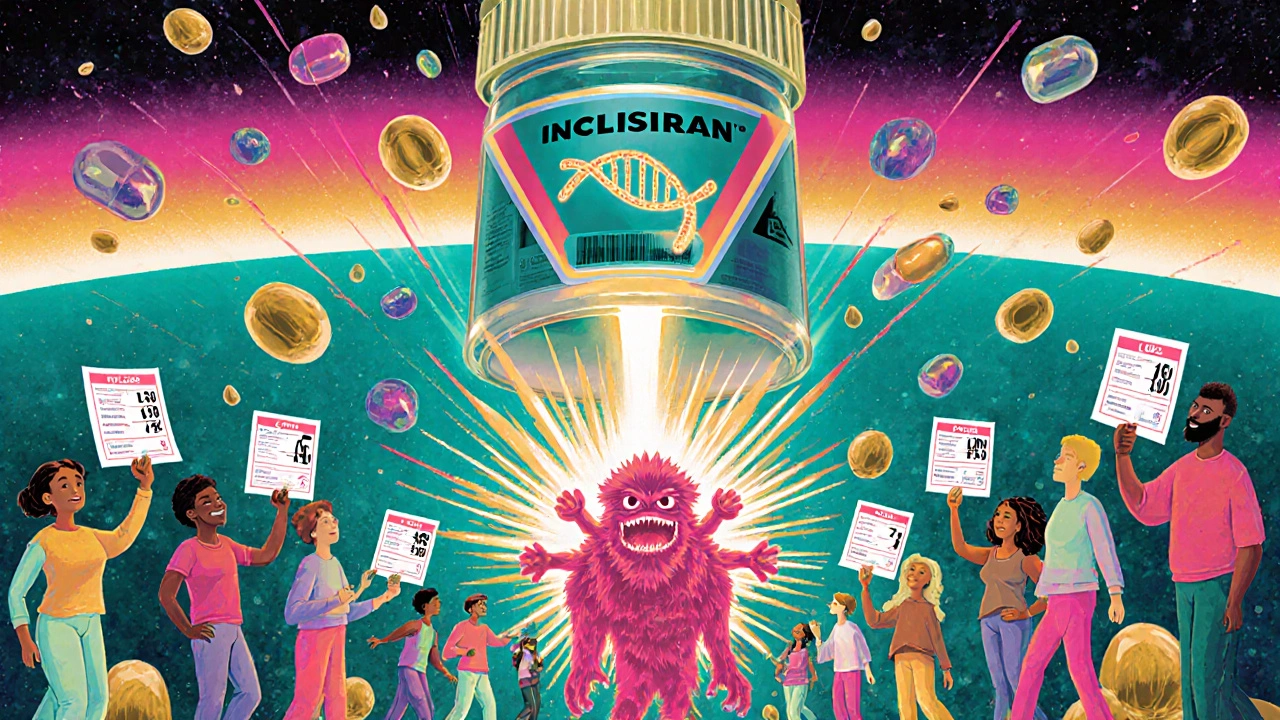 A giant inclisiran pill sends rays into a chest, silencing a PCSK9 monster as diverse people hold lowered cholesterol reports.