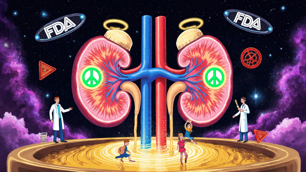 A giant kidney with glowing filters, pressure valves lowering, and urine flowing as a golden river into a cosmic sink.