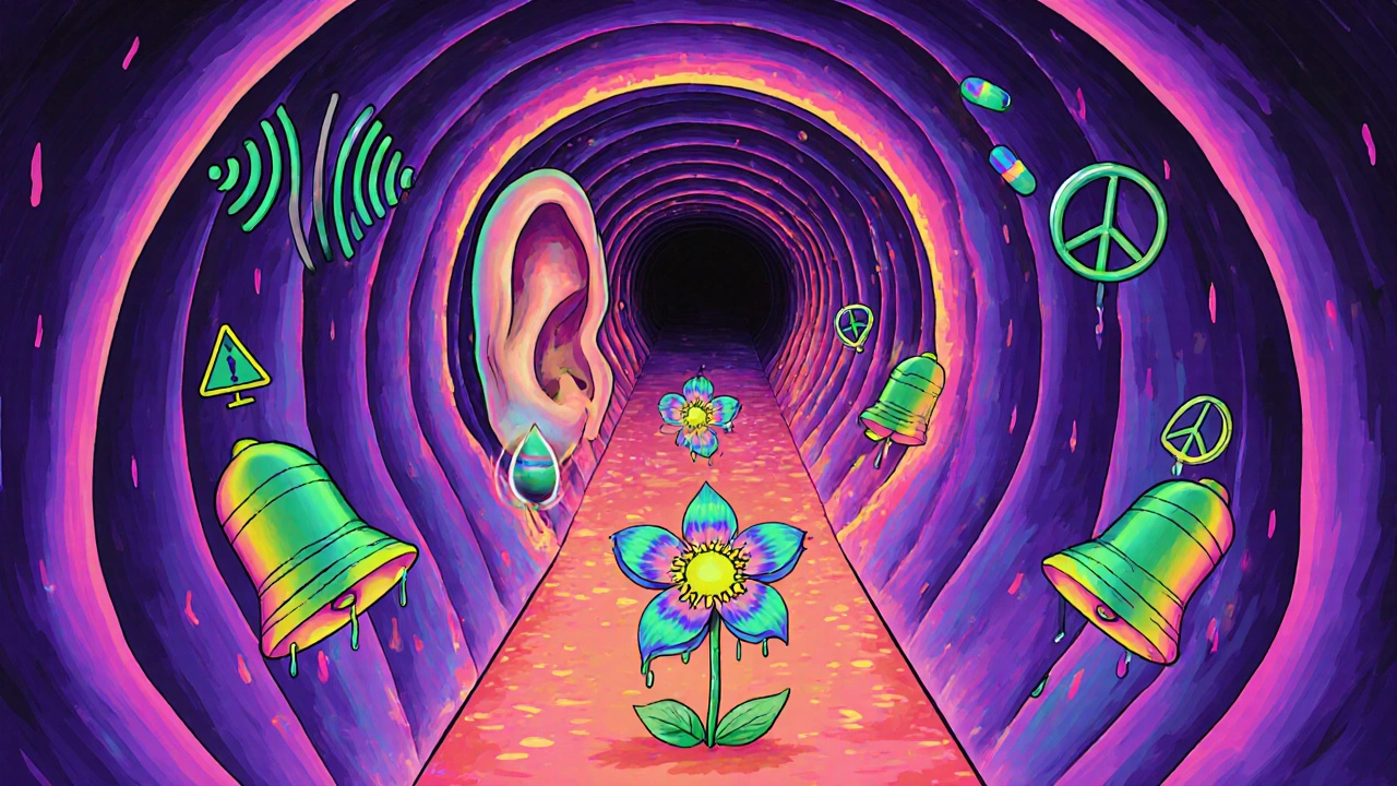 A glowing ear canal leading to a flower-shaped cochlea, with one petal wilting under a pill droplet.