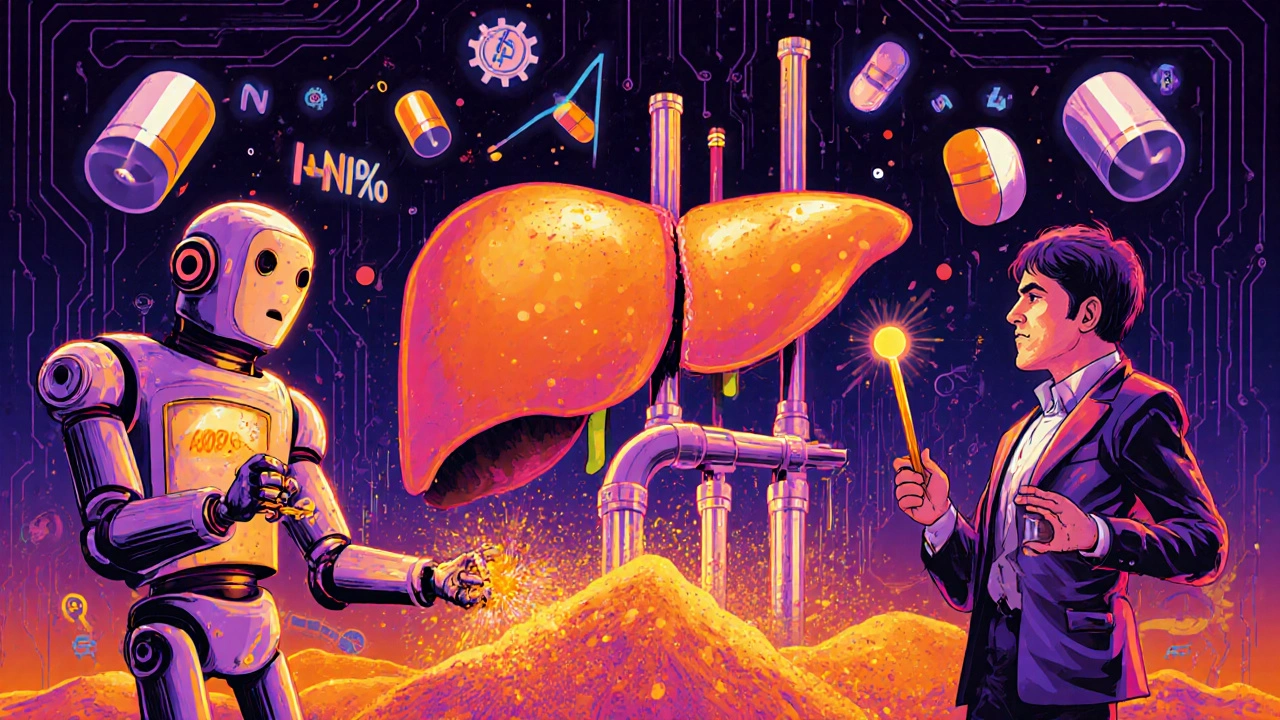 A glowing liver factory with robots shredding warfarin pills as phenytoin controls the enzymes in a neon industrial dreamscape.