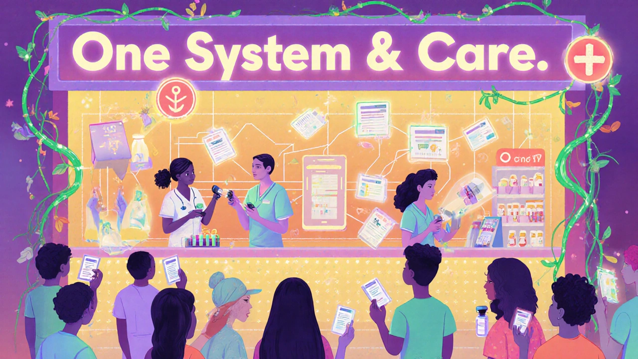 A glowing pharmacy hub connects patients and doctors through floating health data streams.
