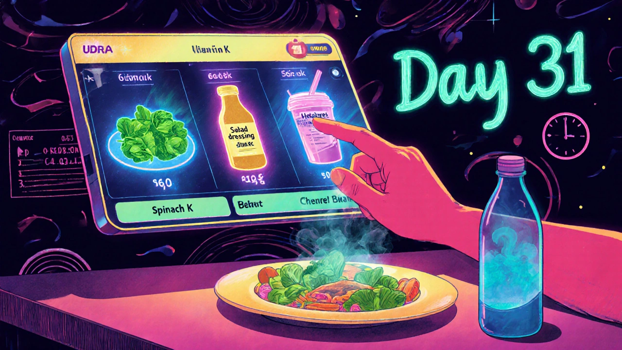 A holographic vitamin K app projecting nutrient values onto meals in a kitchen, with a hand tapping the screen and hidden ingredients fading away.