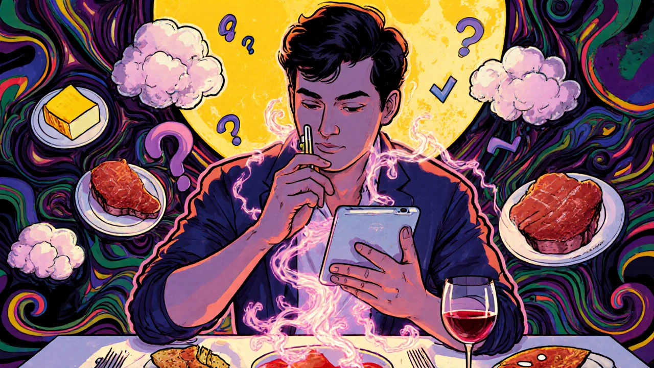 A man discreetly taking a soft tablet at dinner as food clouds vanish and blood flow glows around him.
