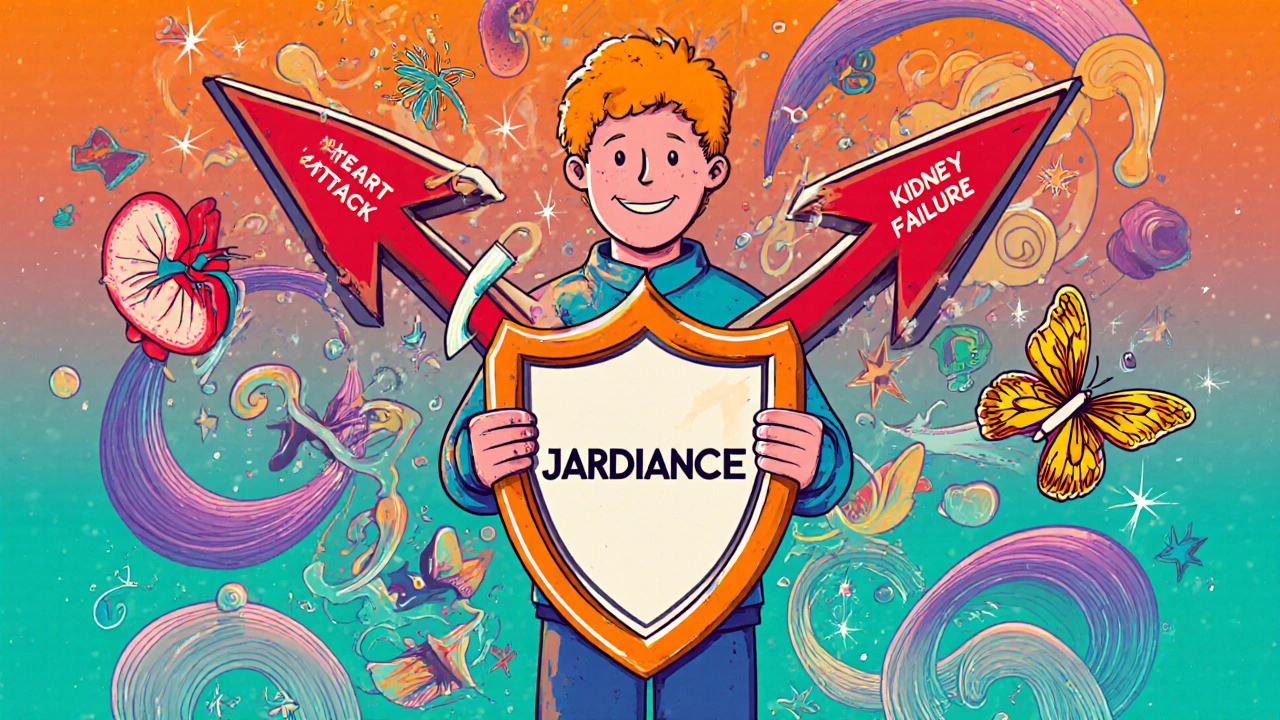 A patient holding a pill that transforms into a shield, defending their heart and kidneys from disease arrows in vibrant psychedelic colors.