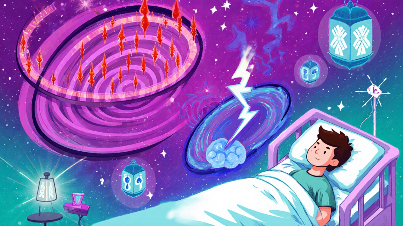 A patient with twin timelines of INR spike and crash, surrounded by safer drug alternatives glowing like lanterns in cosmic colors.