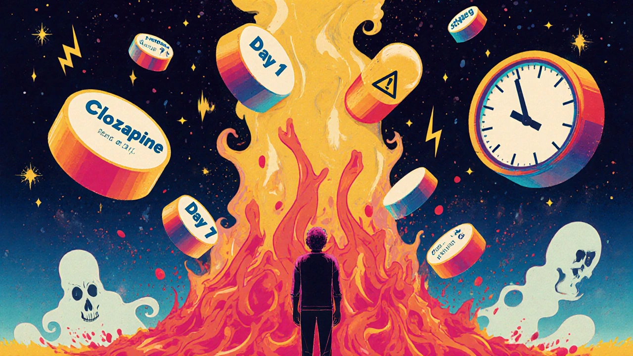 A person quitting smoking as medications glow dangerously, with rising blood tide and warning symbols in retro psychedelic style.
