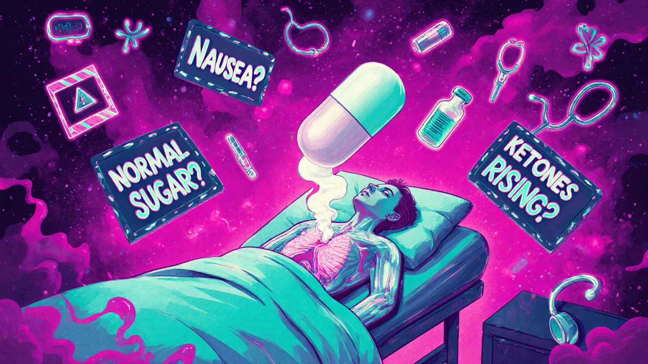 A person with transparent body reveals ketone warnings and medical icons floating around them in a surreal, glowing scene.